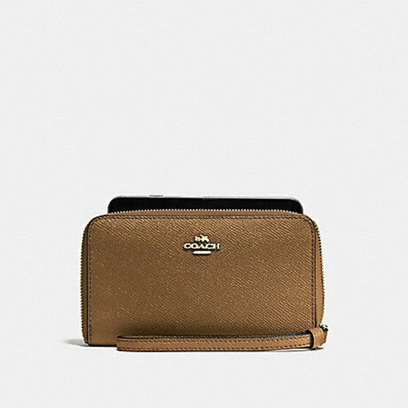 Coach Women's Crossgrain Leather Phone Wallet Wristlet - Light Saddle - Picture 1 of 2